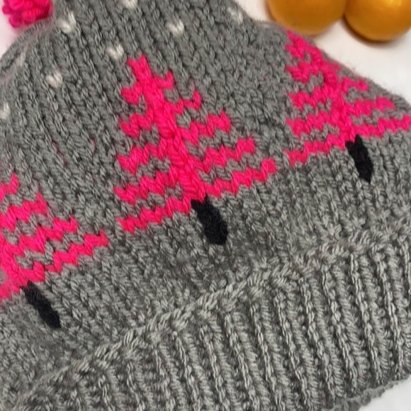NEW Hat Pink gray pine tree hand knitted fluorescent pompom adult size - Picture 2 of 5